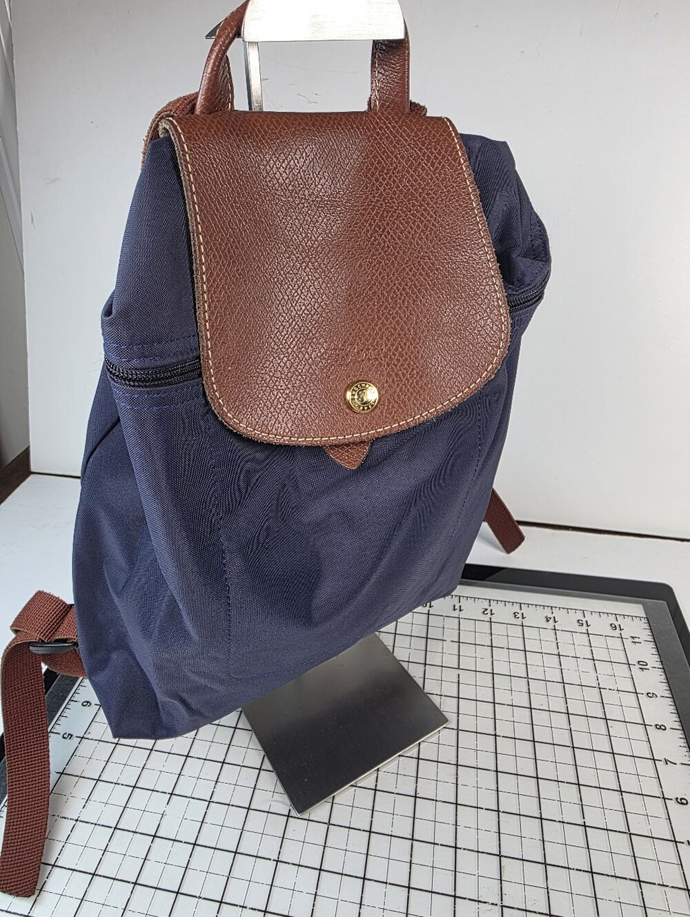 Longchamp Le Pliage Backpack Navy Blue Nylon With Brown Leather Flap